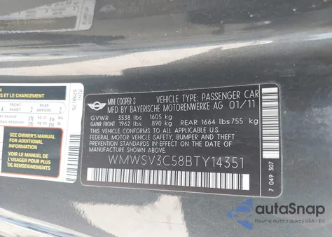 2011 Mini Cooper S from USA, damaged, VIN WMWSV3C58BTY14351